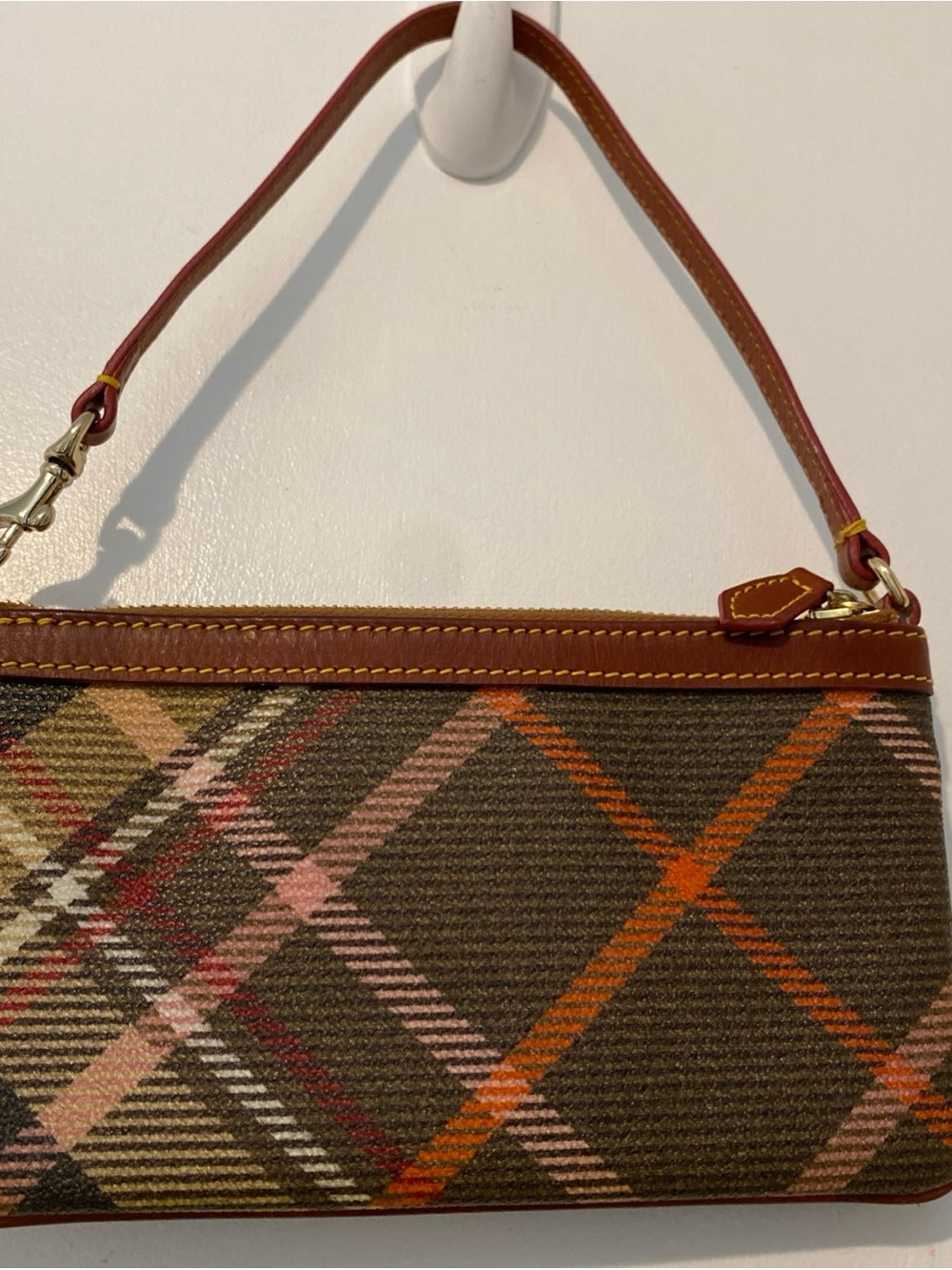 Dooney & Bourke Brown Plaid Canvas Zip Pouch with Leather Trim - Picture 3 of 10